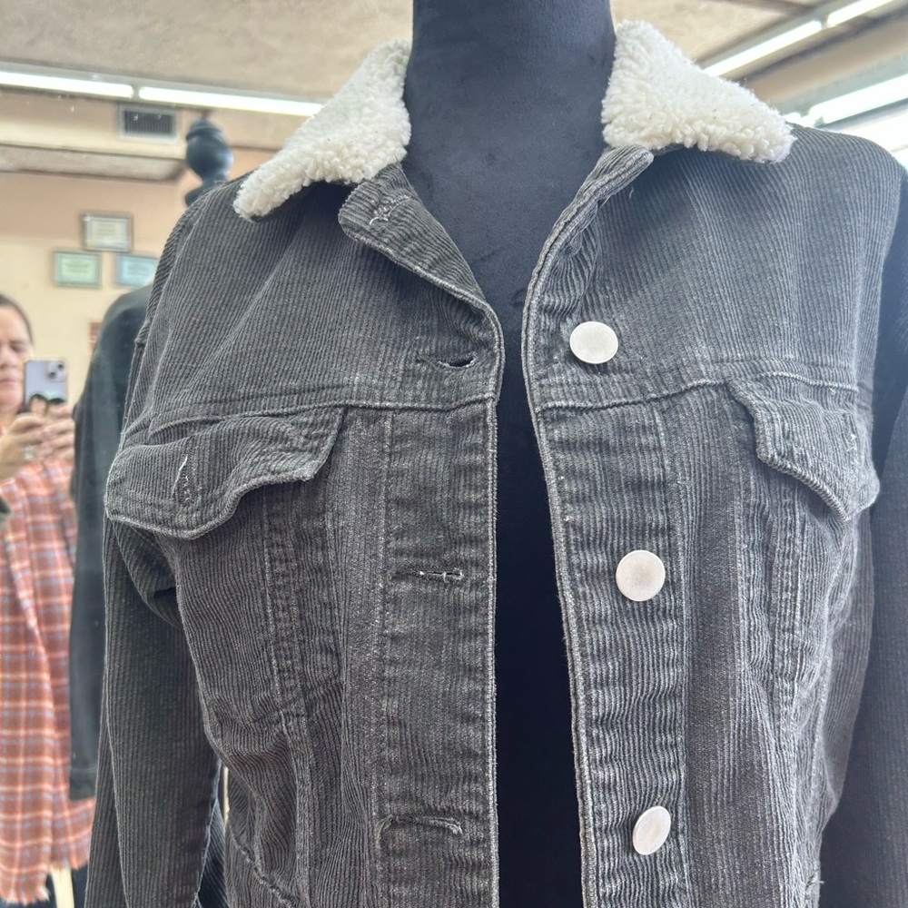 SHEIN Gray Corduroy Jacket with White Sherpa Collar